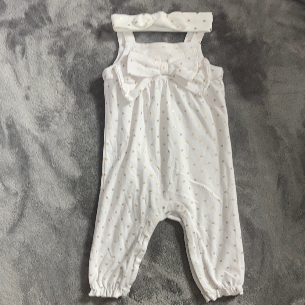 White with gold heats Jumpsuit with matching bow